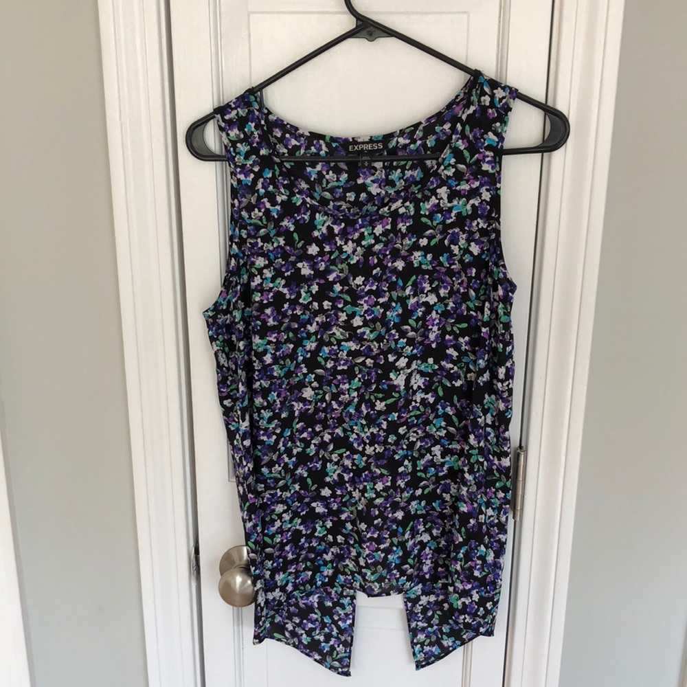Express black purple green blue and white floral open back tank top blouse (M)